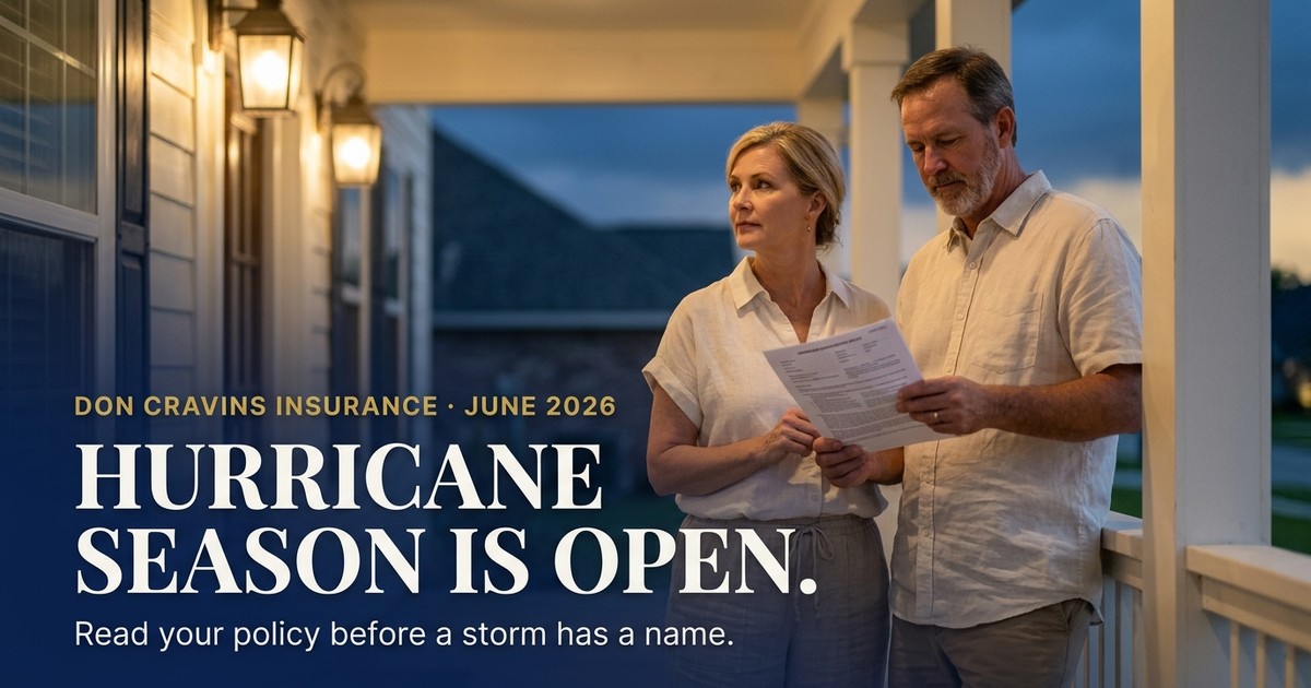 Louisiana couple reviewing an insurance policy on their porch before a Gulf storm — hurricane season article