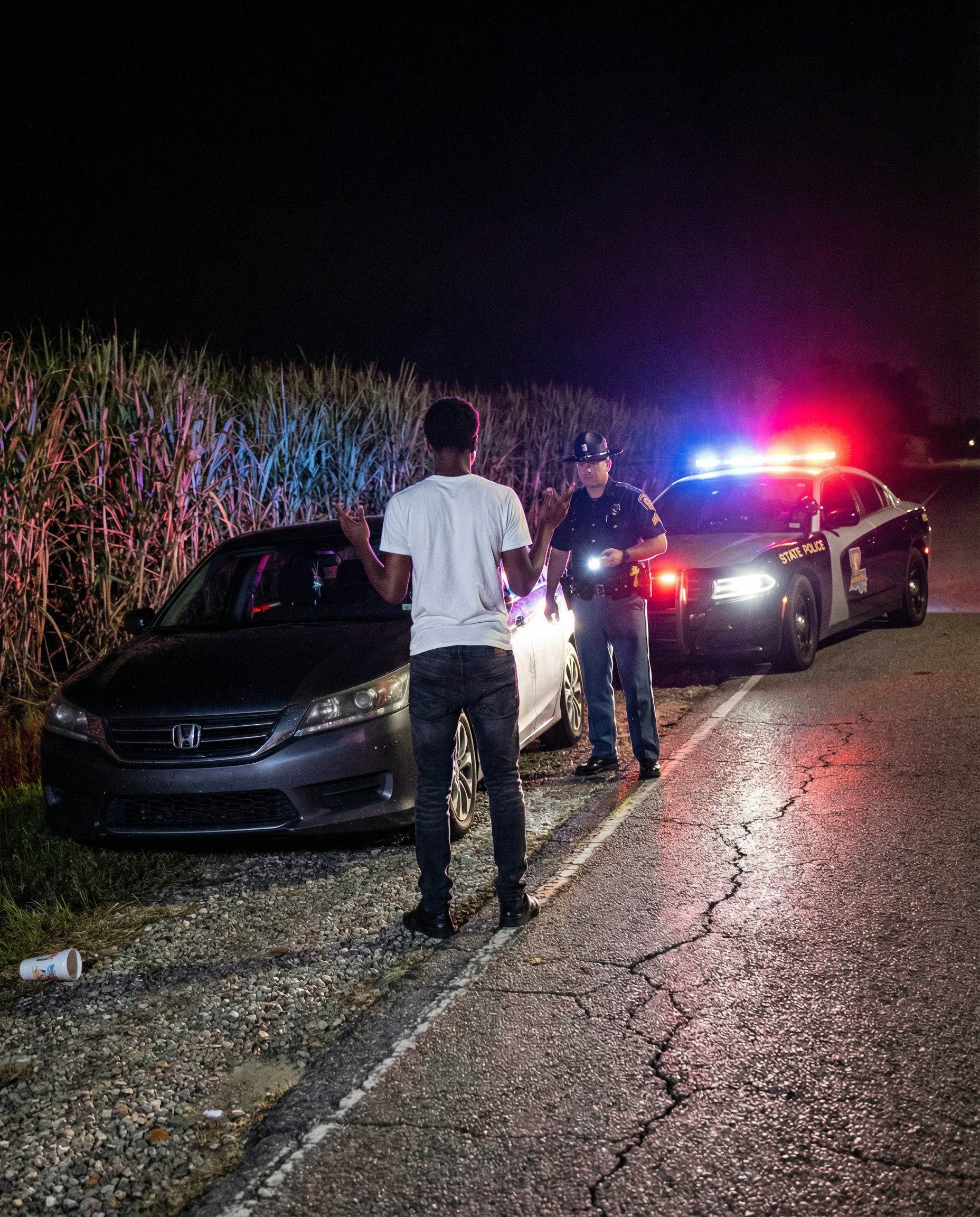 Traffic stop on a Louisiana back road at night
