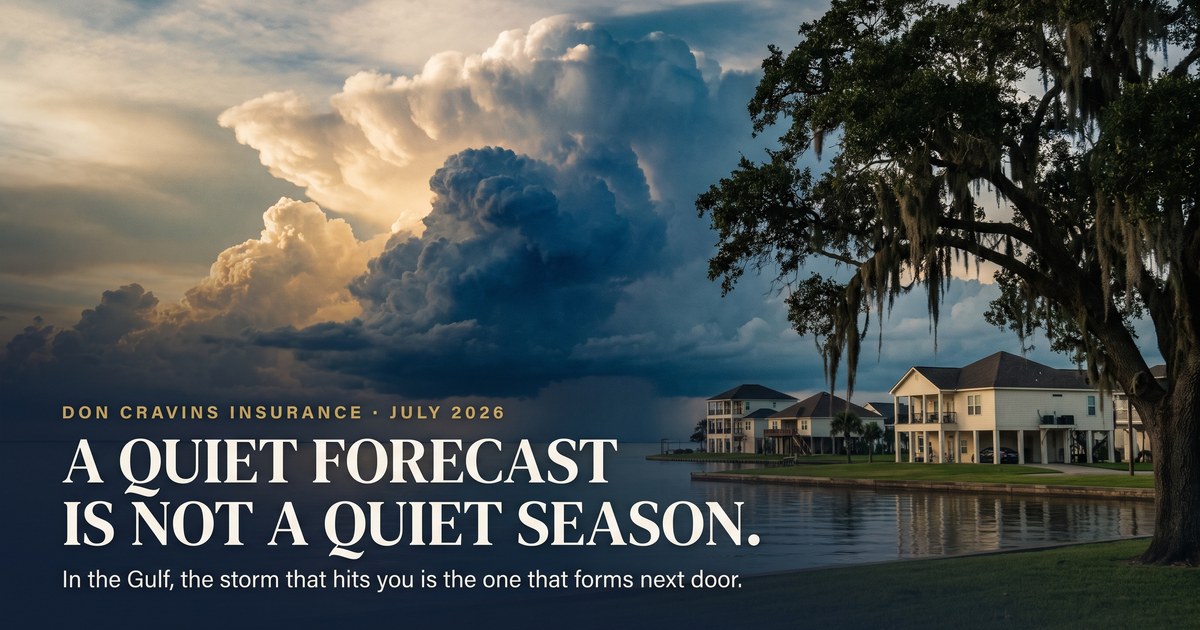 A tropical Gulf sky building over southwest Louisiana — hurricane season insurance article