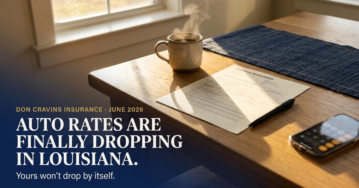 Insurance declarations page on an Acadiana kitchen table — Louisiana auto rates article